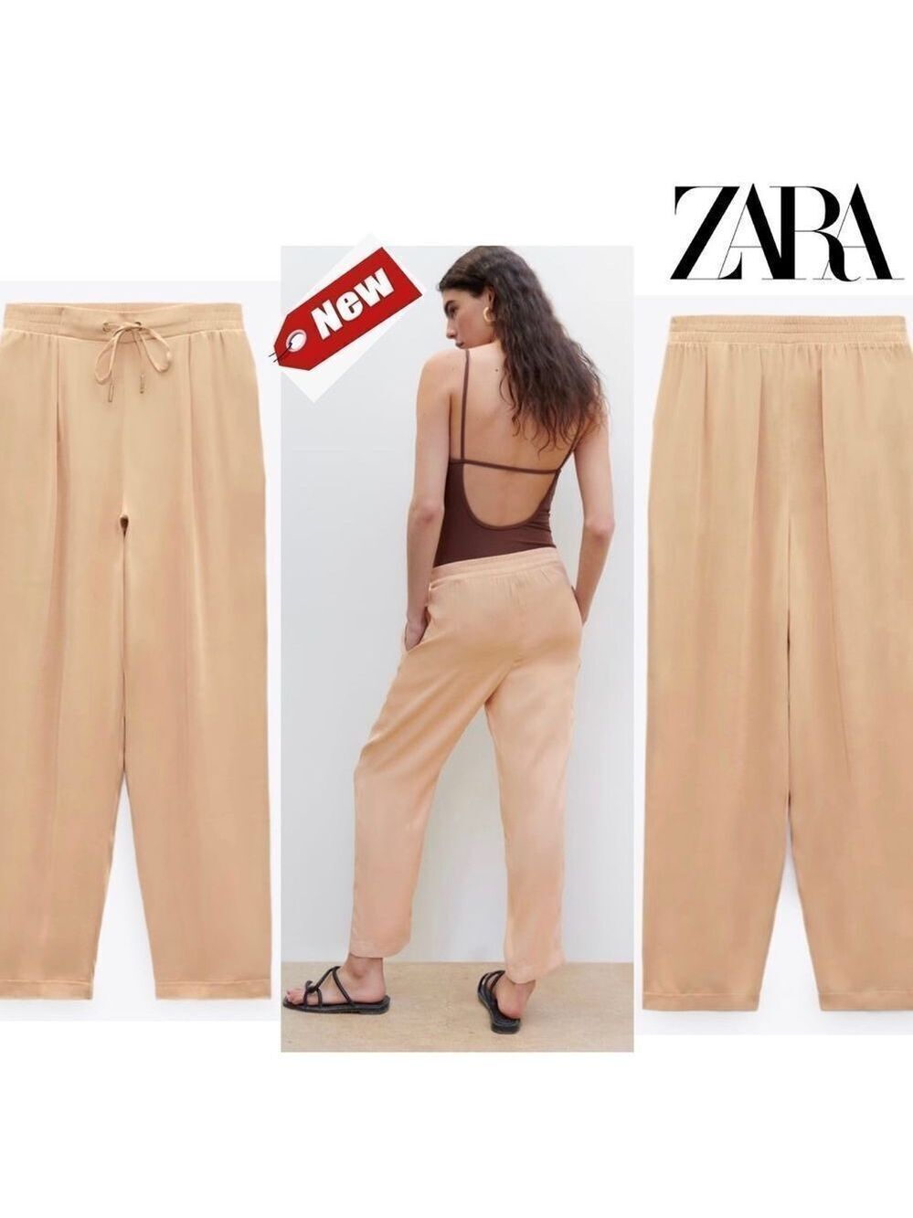 ZARA beige pink satin pyjama pants Sz L NWT